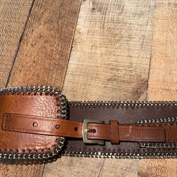 Calvin Klein Brown Leather Asymmetrical Wide Chain Trim Belt Size Large - Picture 8 of 11